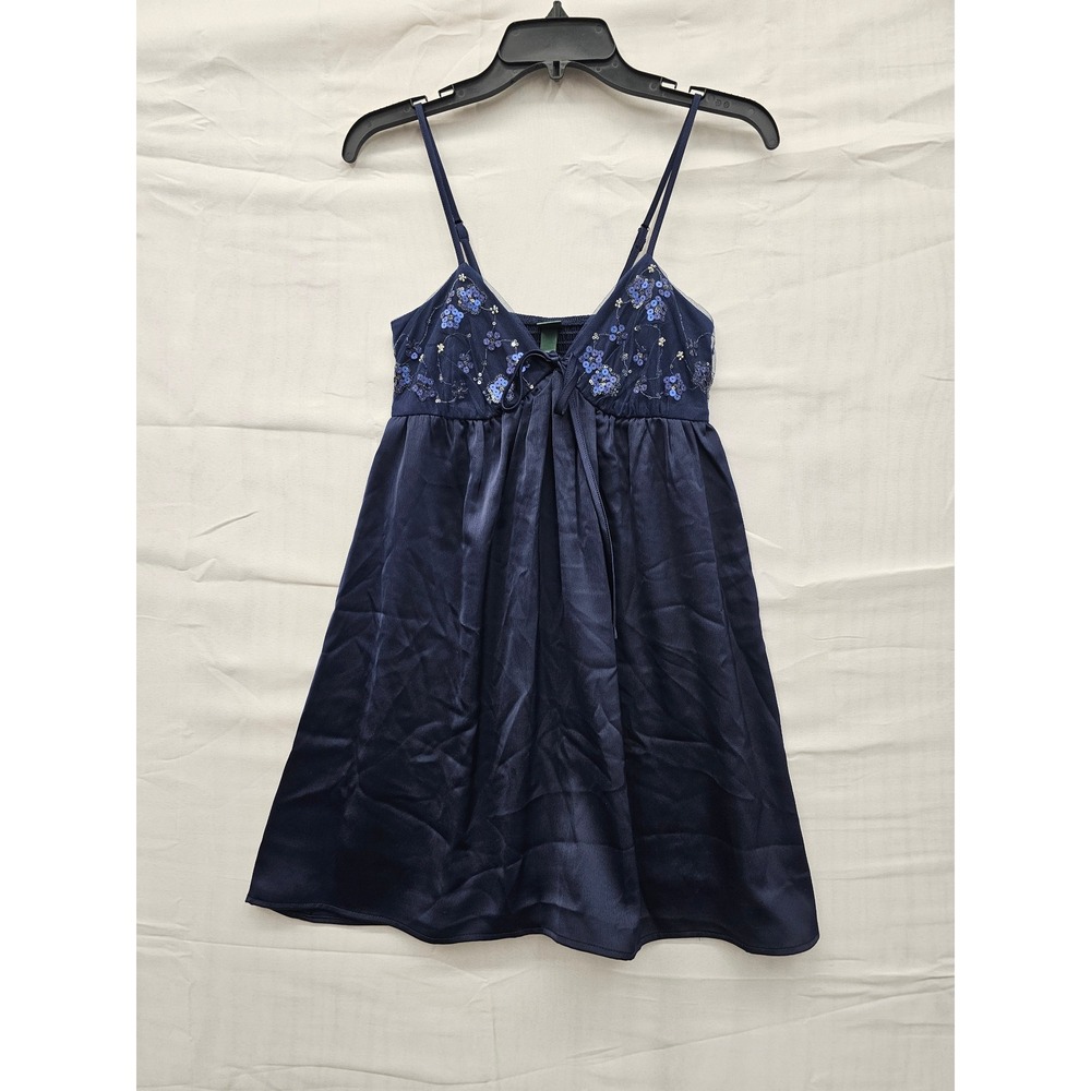 Wild Fable Navy Blue Satin Sequin‎ Floral Babydoll Top XXS NWT P613K3